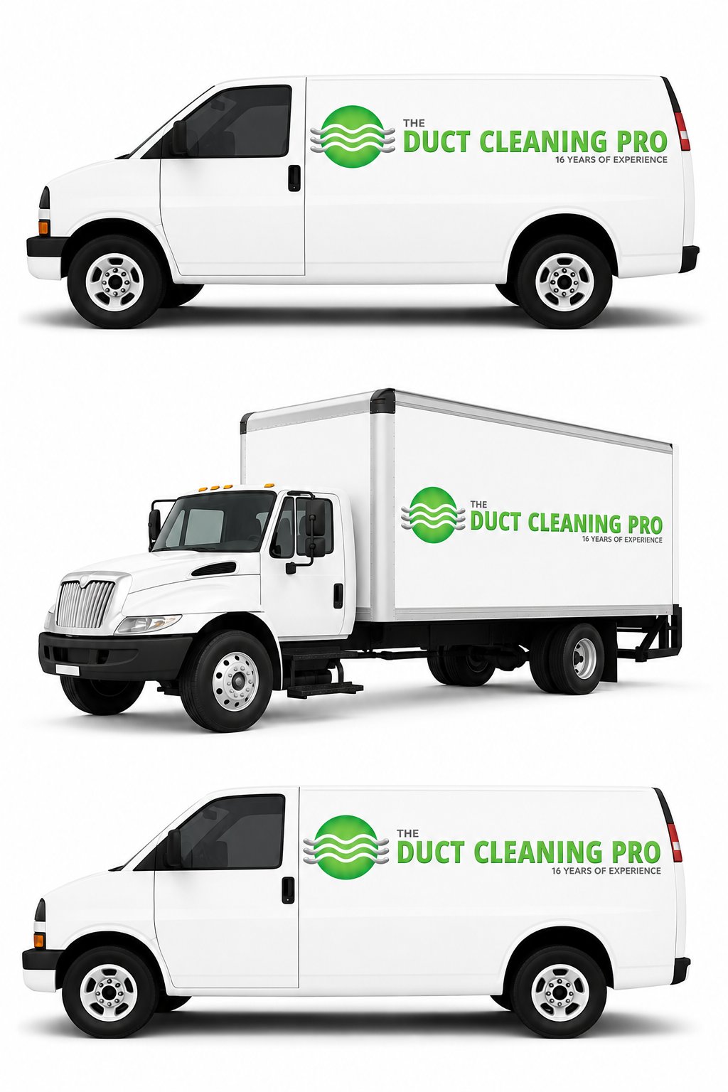 The Duct Cleaning Pro branded service vans and truck